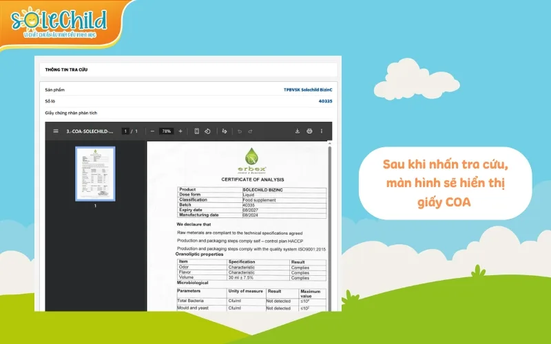 Hướng dẫn cách tra cứu và đọc giấy chứng nhận phân tích (COA) SoleChild