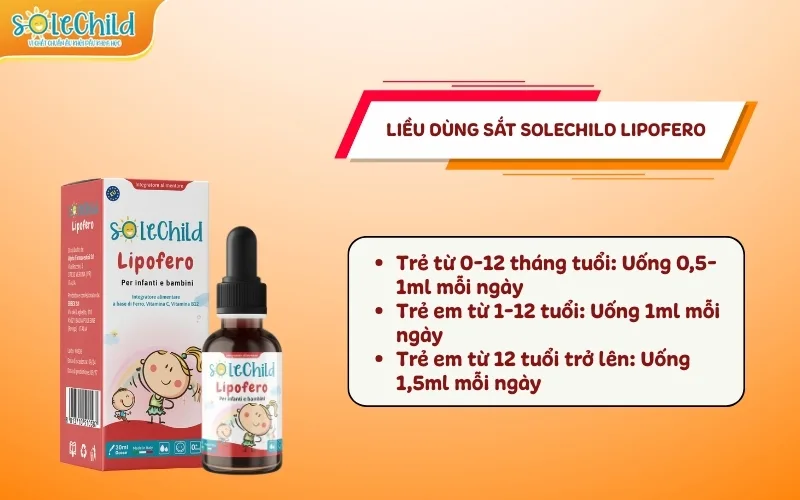 Hướng dẫn mẹ 2 cách dùng sắt SoleChild đúng cho bé để mang lại hiệu quả tốt nhất Hình ảnh hướng dẫn cách dùng sắt SoleChild Lipofero với liều dùng cho trẻ theo từng độ tuổi:Trẻ từ 0–12 tháng tuổi: Uống 0,5–1ml mỗi ngày Trẻ em từ 1–12 tuổi: Uống 1ml mỗi ngày Trẻ từ 12 tuổi trở lên: Uống 1,5ml mỗi ngày